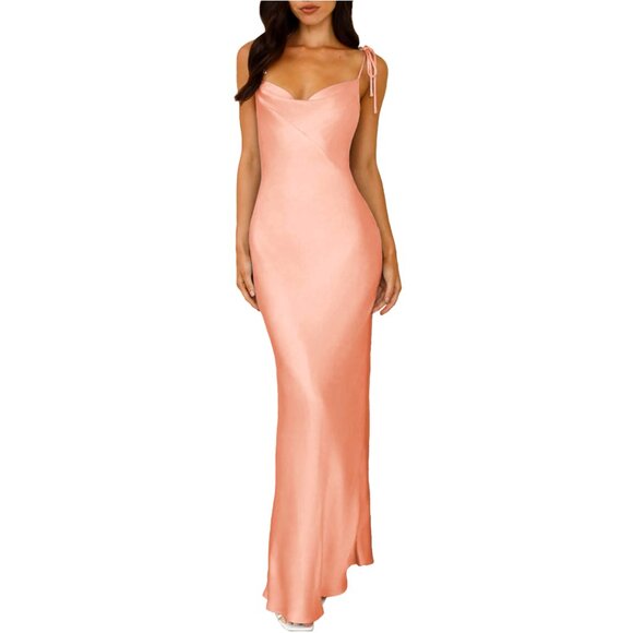 Satin Slip Maxi Dress Elegant Formal Cowl Neck Spaghetti Straps Slit